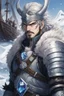 Placeholder: in anime style, 1man, a man with blue eyes and black hair man in silver Viking armor with fur around the neck with blue crystal on his chest holding an axe in his hands standing on a pirate ship in the artic, warrior in anime style,