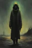 Placeholder: A surreal full body homeless female wander with highly detailed facial features in the style of Zdzislaw Beksinski, dark luminous colors and otherworldly aesthetic.