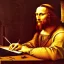 Placeholder: leonardo da vinci works on laptop at his desk. painting in photoshop. hyperdetailed, warm colors, movie poster, oil on canvas, lens flare