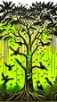 Placeholder: Jungle birds flying around big tall tree, painting, yellow and black