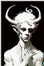 Placeholder: young satyr male albino alchemist with goat horns in the style of Aubrey Beardsley