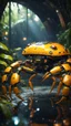 Placeholder: magazine cover, metallic yellow orange crab robot chivalry knight with cute face in dark lit reflective wet jungle metallic hall dome hotel tunnel, in the style of fallout 4 game,bokeh like f/0.8, tilt-shift lens 8k, high detail, smooth render, down-light, unreal engine, prize winning