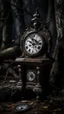 Placeholder: An old antique grandfather clock in the background of black vein, human veins, mixing together a lot of them, like a forest, big and small veins a lot of them, an army German helmet from ww2 on an old broken throne