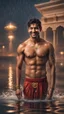 Placeholder: Hyper Realistic handsome Young shirtless muscular short hair Indian king with wet chest smiling & bathing in a lake outside traditionally beautiful Indian palace at heavy rainy night