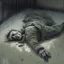 Placeholder: Alone and forsaken, on the verge of dying, lying down with gunshot wound to the stomach, realistic