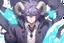 Placeholder: anime man with horns, fangs, messy purple hair and blue eyes