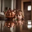 Placeholder: The reflection of a child on the surface of an old copper teapot