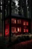 Placeholder: A dark red house with lights in the from the windows in a background forest