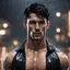 Placeholder: Hyper realistic Extremely Handsome shirtless with short black hair muscular man wearing black shirt getting wet in a rainy night