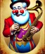 Placeholder: happy old friendly fat clown with round head and trimmed beard playing jazz with a steampunk theme, circus, realistic