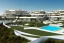 Placeholder: Day in algarve, aerial architectural view, modern luxury villas architecture building WITH STRAIGHT LINES AND CANNOPY in white render and wood stripe vertical elements with gold details and a modern luxury hotel building with two floors and extending covered terraces cascading, pinus pinea overlooking the golf course, green roofs and pools, sloped land with pinus pinea, hyper realistic 8k ultra render