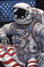 Placeholder: A close up of a skeleton face looking shocked, in an astronaut helmet and suit floating in space. inside the hollow eyes are red shining lights, scary. On his suit is an American flag and in his one hand is a small wavering American flag, on it is written "boned in the USA". From the back of his suit is blowing out blue, white and red smoke. Realistic, 8k, highly detailed, funny