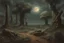 Placeholder: cloudy Night, mistery and enigmatic influence, sci-fi, concept art, rocks, vegetations, rocky arid land, people, 80's space science fiction movies influence, jenny montigny, rodolphe wytsman, and pieter franciscus dierckx impressionism paintings