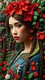 Placeholder: surreal, mandala, A hyper-detailed 3D embroidery art of a woman with long braided Brown hair, Brown eyes, red Lips, adorned with red flowers, wearing baju tradisional Borneo island knitted dress,open section unfolding intricate natur Forrest,River, Borneo island, blending into a lush embroidered landscape with vibrant flowers, and textured leaves. The entire scene looks like a seamless blend of realism surrealism and textile art, with every element-hair, dress, flowers, and tree-rendered using