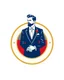 Placeholder: A circular logo with a vector of a groom in a suit at the top of the logo in a blue, red, white and gold color theme.