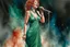 Placeholder: full figure, red curly hair upswept gorgeous singer on a stage in front of a microphone, sleeveless rose gold shiny silk long dress, the dress goes down to bluish green, photorealistic watercolour