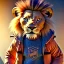 Placeholder: Lion toddler, smile, steampunk headphone, sunglass, gangsta neckless, full body, orange puffer jacket, tokio background, dramatic lighting, hyper realistic, unreal engine 5, 16k