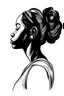 Placeholder: waist-length bust woman, linocut style, white background, profile, composition without a full head empty space around the head minimalism, ink, artistic deformation of the head shape,slight paralysis, black woman