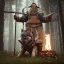 Placeholder: old viking with his wolf sitting near campfire, scary, steam punk, realistic, made in octane, cinematic, ultra-realistic, extremely detailed octane rendering, 8K, VRAY Super Real ar 2:3, dof photorealistic futuristic 50mm lens hard lighting dark gray tintype photograph, realistic lighting, sepia color