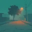 Placeholder: A schematic, nostalgic, vaporwave-style image of a dimly lit, foggy street in the outskirts with a pastel blue and brown color scheme. The street has a textured, rough surface. There is a tree in the corner. The background contains a few buildings. The overall atmosphere is eerie and foggy.