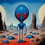 Placeholder: French surrealism animation art from 1970s, illustration of large blue alienoid creatures, mesmerizing, hallucinogenic tones, strange, creepy cutout style of animation of phantamosgoric giant blue alien with red eyes, Czech animation tradition, art by Roland Toper, Dali-esc environment, trance-like, Fantastic Planet aliens