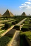 Placeholder: A tourist walkway in Egypt overlooking the pyramids and has green spaces, seating places, and shops on both sides