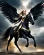 Placeholder: wide angle facing front photography fantasy art angel warrior drive black horse flying on sky darkstrom lightning high sky, beauty colors full body A Length image of very beautiful Super model woman,long hair blond as an Beautiful Archangel with wings made from metal craft, dressing luxurious golden and black color armor ornaments combination fully crystals diamonds stone,luxury boots shoes,she on drive horse on the high sky darkstrom