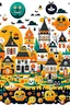 Placeholder: Create a cute Halloween village cartoon on a white background. Illustrate a festive scene with smiling pumpkins, friendly ghosts, and costumed characters. Use thick black outlines, mandala-style for intricacy, and maintain a clean, shadow-free look. Ensure a playful atmosphere, perhaps with trick-or-treating or a Halloween parade. Decorate the village with colorful banners, pumpkins, and child-friendly spooky elements. Emphasize full-body characters for a delightful touch. Aim for a sketch-style