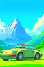 Placeholder: a porche car, mountains in the background, Ghibli style anime