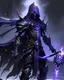 Placeholder: Black and purple assassin armour with a silver trim going down the armour, shadowy flames erupting from the arms, glowing purple eyes, black and silver arrow quiver, ghostly purple flowing cape