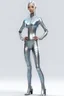 Placeholder: woman, skinny, full body, long legs, flat chest, silver onepiece swimsuit, photorealistic