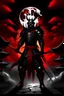 Placeholder: A samurai in black Armour and red eyes with a black flaming sword and red hilt, standing on a temple with the moon in the background and the trees on the side