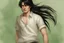 Placeholder: a young male with shoulder length black hair and green eyes, slight smile