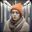 Placeholder: Jolie foster, sad,in the metro in the style of a polaroid, , blue, Grey, beige,orange, with a knitted hat, eyes closed