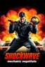 Placeholder: "Design a 90s-style action movie poster titled 'Shockwave Customs.' Feature a super heroic mechanic in the foreground, fiercely battling thousands of adversaries with a spanner. In the background, show cars doing burnouts, creating a dynamic and intense scene. Capture the high-energy, gritty aesthetic of classic 90s action films. Prominently display the subtitle 'mmechanic negotiator' in bold, impactful lettering."