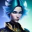 Placeholder: Woman Cyborg samurai, light blue hair, messy hairstyle, pierced ears, neon, golden eyes, waist up portrait, 8k resolution, intricate details, ornate details, soft lighting, vibrant colors, masterpiece, intricate eyeliner, dark eyeshadow, eyes, intricate tattoos, gradient color background