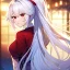 Placeholder: Clear focus, 8k, beautiful lighting, vibrant colors, girl, white hair, long hair, vibrant red eyes, ponytail, messy hair, looking back at you,