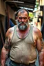 Placeholder: full figure , strong muscular burly beefy turkish carpenter in dirty ripped tank top, very hairy, 44 years old , sweat and wet, bull neck, tattoo, short beard, unshaved hair, working in the middle of the street under the sun , aspect ratio 9:16