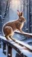 Placeholder: hare in the snow on bridge in the forest, magazine cover illustration with oil paint and spray paint, signed, bokeh like, down-light, unreal engine, prize winning