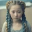 Placeholder: Old autochrome of devon aoki ,with golden cheeks, strange blue braids. On the beach, in 1830