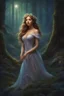 Placeholder: Painting of a dream girl in a fantasy forest, glitters in the forest background, haunted forest, digital painting, inspired by thomas kinkade, fantasy painting, dancing girl, song, fantasy art, fantasy girl, beautiful girl, beautiful face, young girl, beautiful painting, forest In the background, dark night, glitter in the background, fantasy forest, high quality, 4k