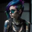 Placeholder: a punk girl with a unique and beautiful appearance, featuring irregularly shaped glasses, visible tattoos, and a striking hairstyle that combines shades of purple, green, and blue. She has a confident pose, embodying the punk aesthetic with edgy and stylish clothing, bold makeup, and distinctive tattoos that capture the essence of punk culture.