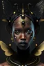 Placeholder: A beautiful vantablack woman portrait with voudore adorned with black ladybug headdress and earrings ribbed with black obsidian and white pearls wings metallic golden filigree organic bio spinal ribbed detail of vantablack background extremely detailed hyperrealistic maximálist concept att