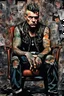 Placeholder: Ultra detailed medium portrait painting of a man, sitting on chair,ex-ganster in jail tattoos, rough look, bold, tear tattoo on face, mascara, evil look, chaos dark background,torn up collage of photo clippings, broken circuitry background, matrix effects, punk visual art, punk art aesthetic, graffiti art, pop surrealism, collage art, cluttered paint glitches