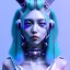 Placeholder: Cyber teenager, color makeup, blue hair, rounded face, geisha style hair, white skin, pattern dress, velvet, vibrant color, cyberpunk style, highly detailed, art stations, concept art, smooth, unreal engine 5, god rays, ray tracing, RTX, lumen lighting, ultra detail, volumetric lighting, 3d, finely drawn, high definition, high resolution, gradient background