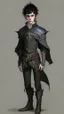 Placeholder: boy elf,he has curly, black hair and sharp cheekbones. His eyes are black. He wears fantasy medieval clothes. he is lean and tall, with pale skin, full body with boots, side view full body side body