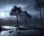 Placeholder: the dark blue night sky, woods, rever