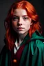 Placeholder: A pretty girl with red hair and green eyes and she is wearing a Hogwarts robe