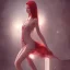 Placeholder: beautiful woman, red hair, mini dress, tall, long legs