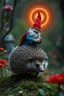 Placeholder: depth of field, aura with halo, close up on blue and red clothed gnome riding hedgehog opossum with lance in garden of eden in the style of Escher and Giger